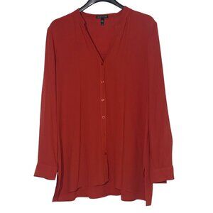 Eileen Fisher Silk Button Down Blouse Top Sz MED Burnt Orange Minimalist